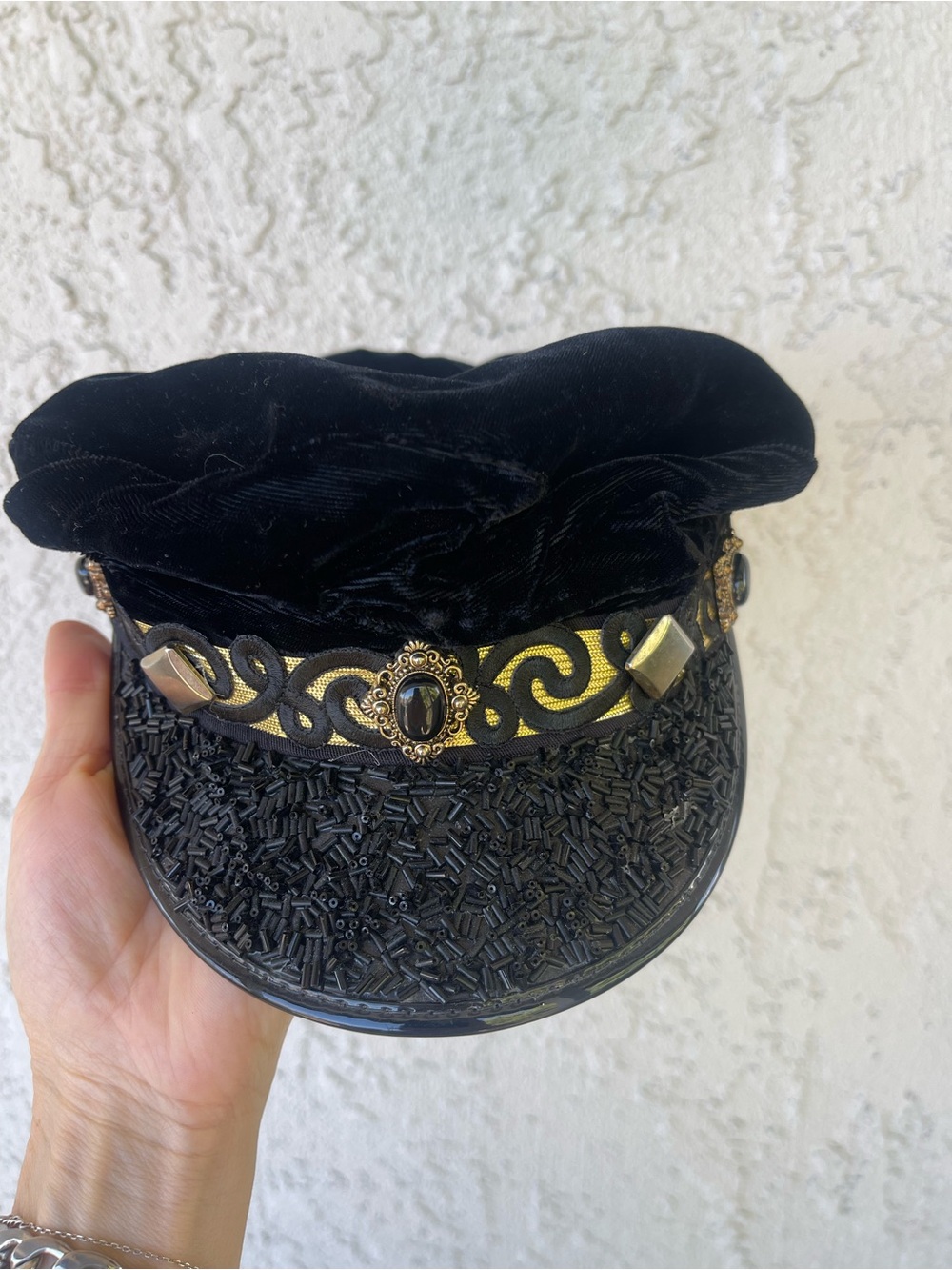 Cache Black Velvet Embellished Captain's Hat with Gold Accents